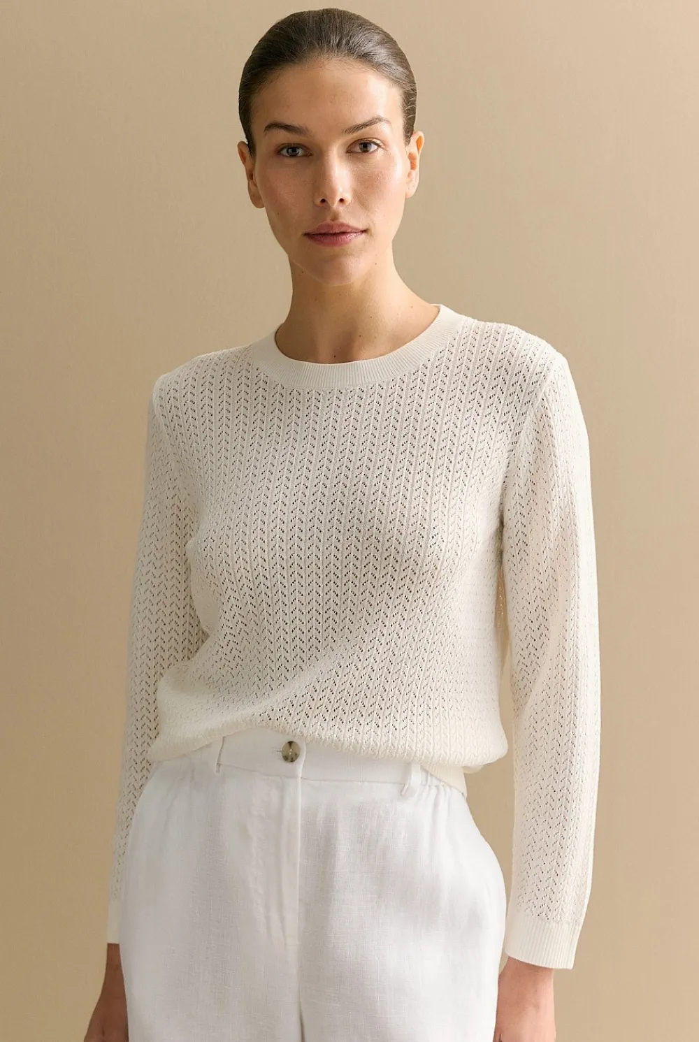 Knitwear>Trenery Mercerised Lace Knit 3/4 Sleeve Crew White