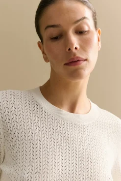 Knitwear>Trenery Mercerised Lace Knit 3/4 Sleeve Crew White
