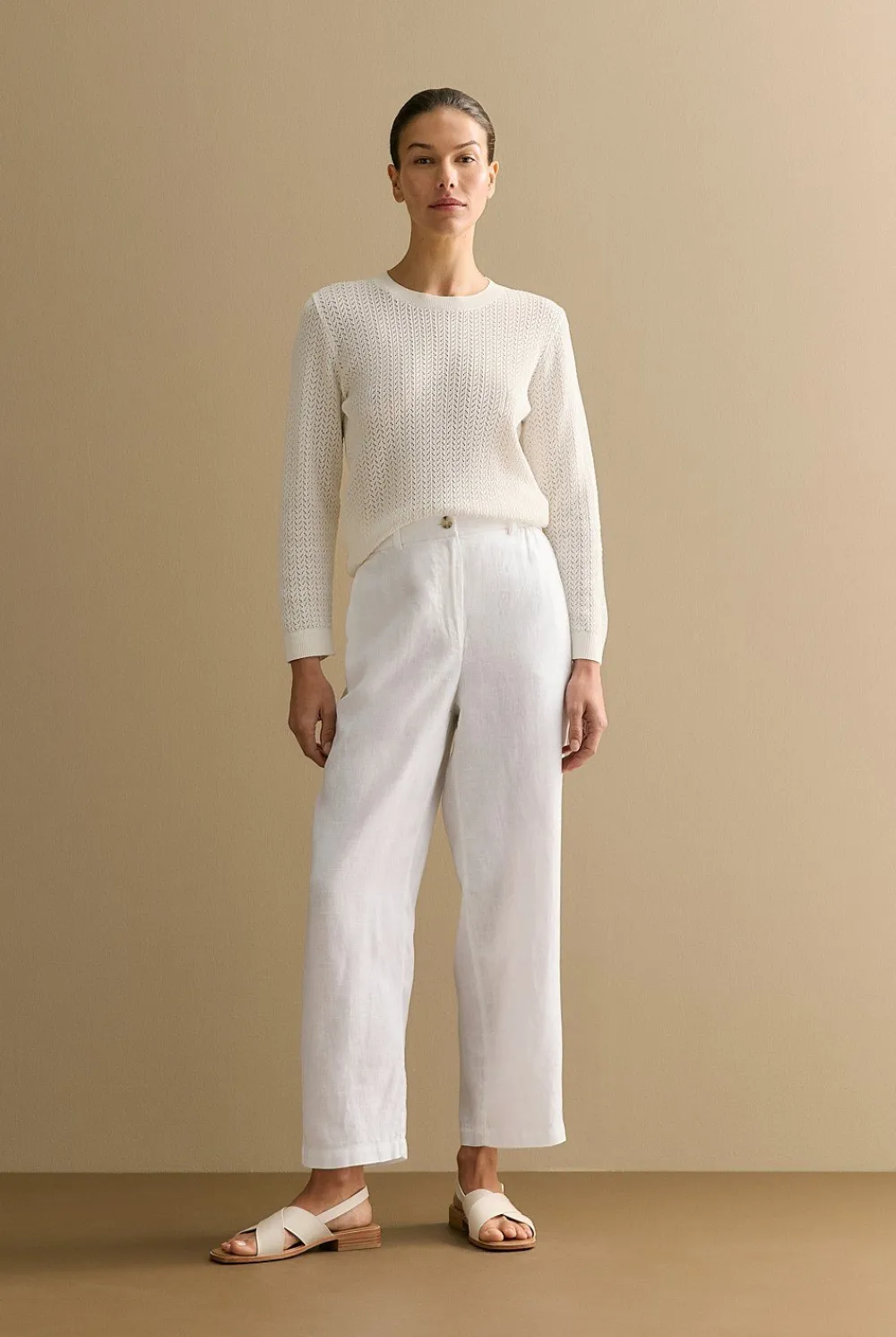 Knitwear>Trenery Mercerised Lace Knit 3/4 Sleeve Crew White