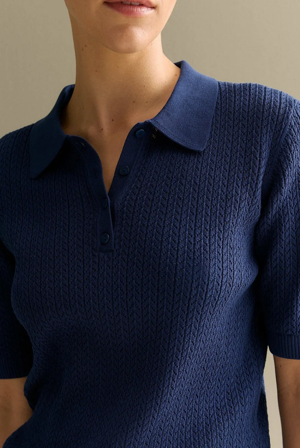 T-shirts & Tops|Knitwear>Trenery Mercerised Lace Knit Polo Navy