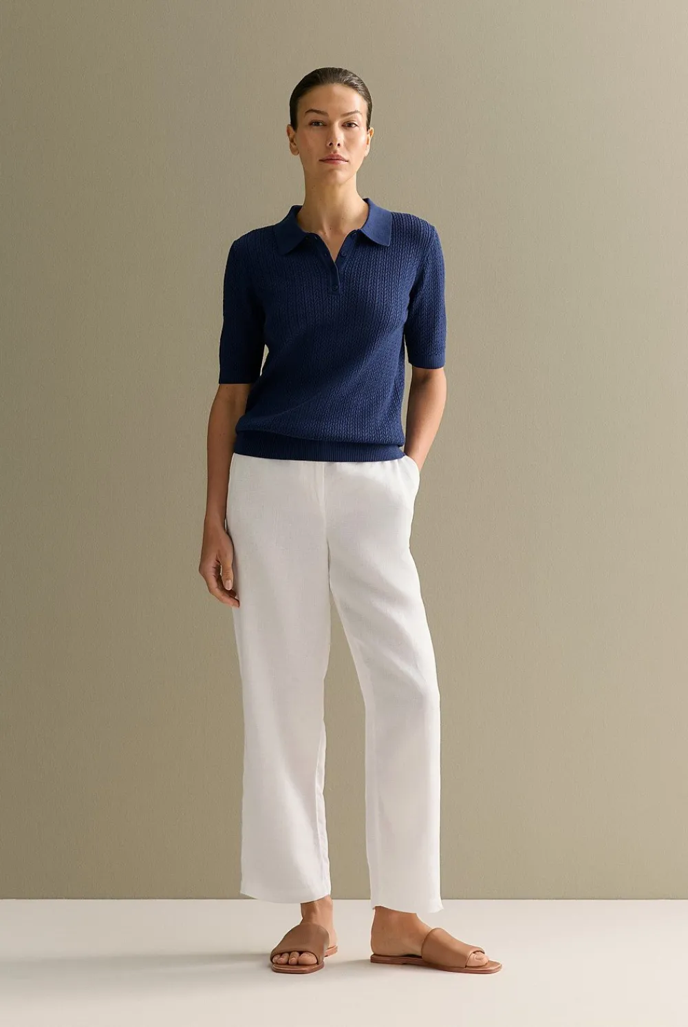 T-shirts & Tops|Knitwear>Trenery Mercerised Lace Knit Polo Navy