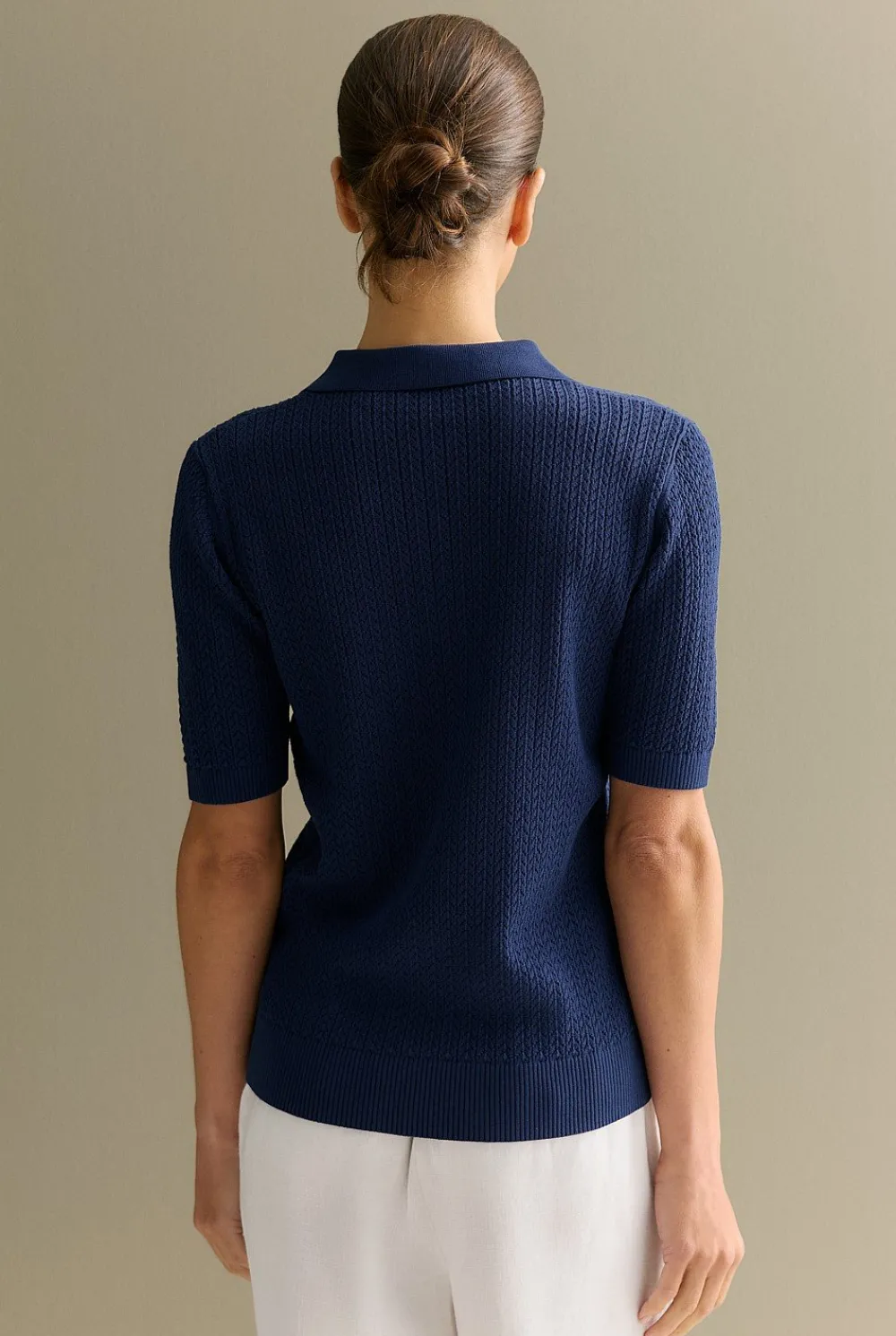 T-shirts & Tops|Knitwear>Trenery Mercerised Lace Knit Polo Navy