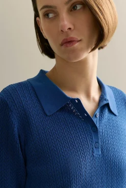 T-shirts & Tops|Knitwear>Trenery Mercerised Lace Knit Polo Cobalt