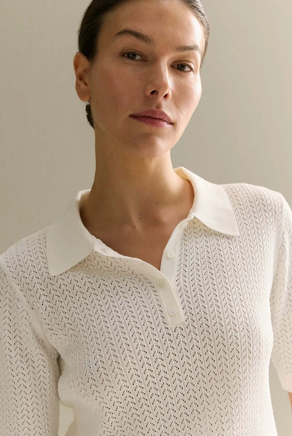 T-shirts & Tops|Knitwear>Trenery Mercerised Lace Knit Polo White
