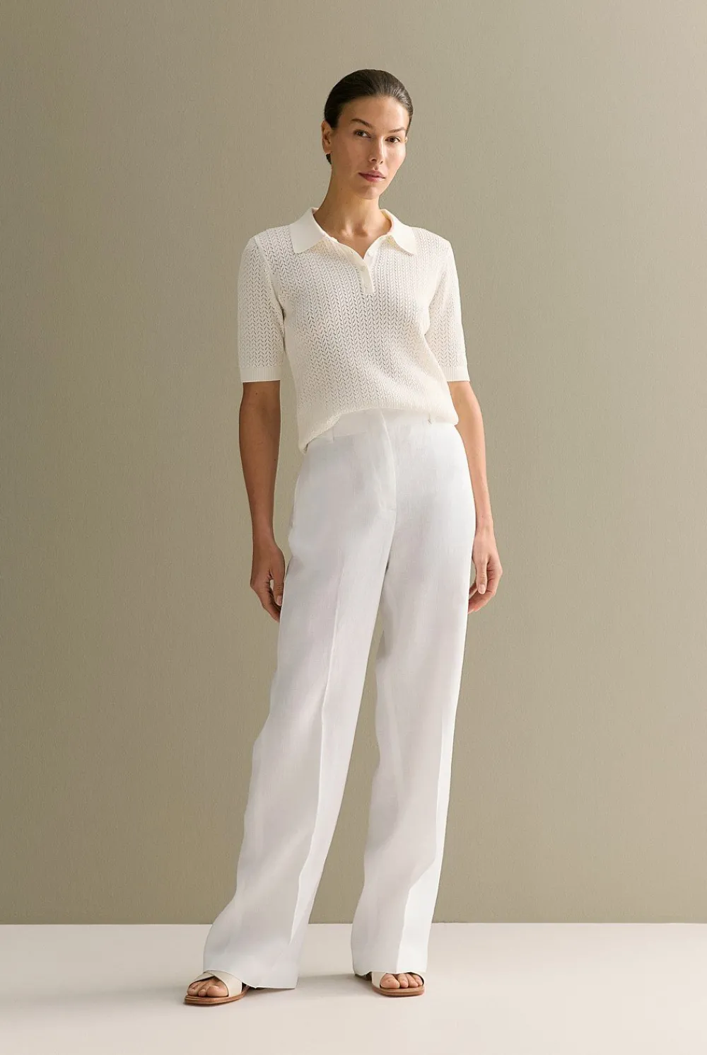 T-shirts & Tops|Knitwear>Trenery Mercerised Lace Knit Polo White