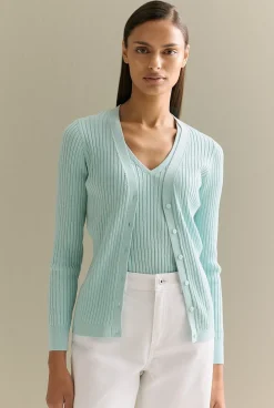 Cardigans|Knitwear>Trenery Mercerised Rib V Neck Cardigan PaleSeafoam
