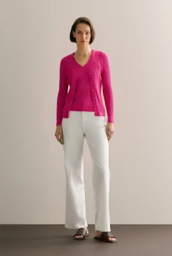 Cardigans|Knitwear>Trenery Mercerised Rib V Neck Cardigan Fuchsia