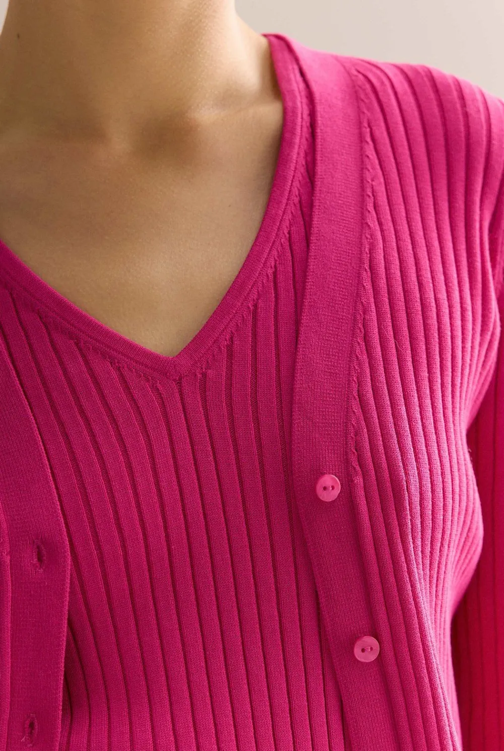 Cardigans|Knitwear>Trenery Mercerised Rib V Neck Cardigan Fuchsia