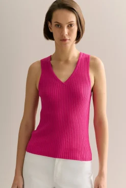 T-shirts & Tops>Trenery Mercerised Rib V Neck Tank Fuchsia