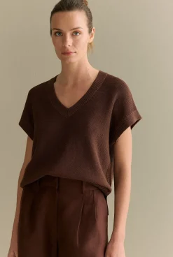 T-shirts & Tops|Knitwear>Trenery Mercerised V Neck Relaxed Knit Chocolate