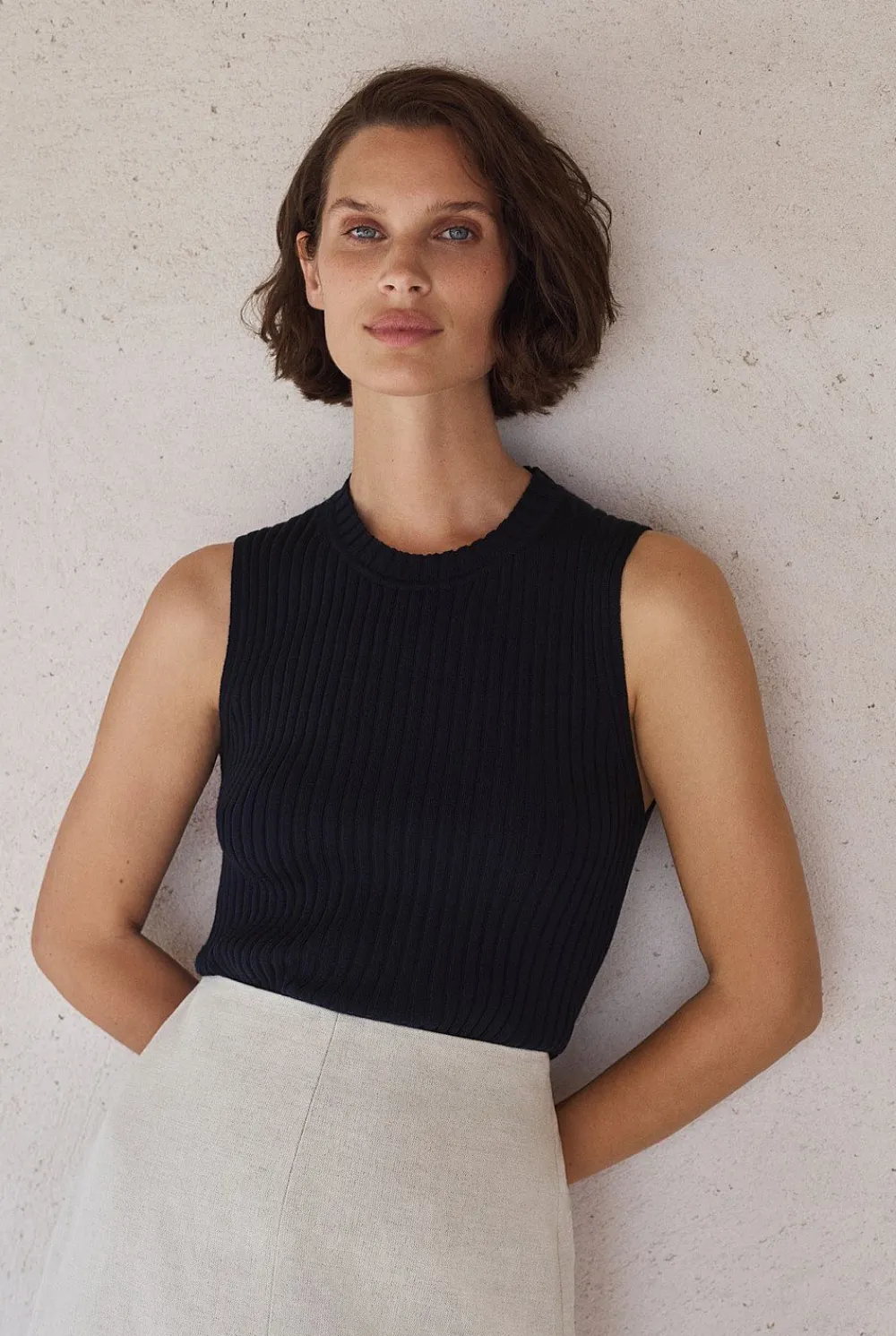 T-shirts & Tops>Trenery Merino Blend Knit Sleeveless Top NightSky