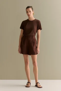 T-shirts & Tops|Knitwear>Trenery Metallic Shimmer T-shirt Chocolate