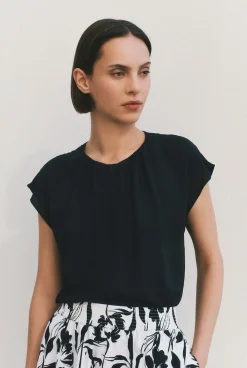 Shirts|T-shirts & Tops>Trenery Modal Gather Detail Cap Sleeve Blouse Black