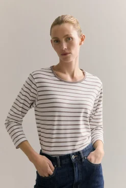T-shirts & Tops>Trenery Organically Grown Cotton Stripe 3/4 Sleeve T-shirt Cinder