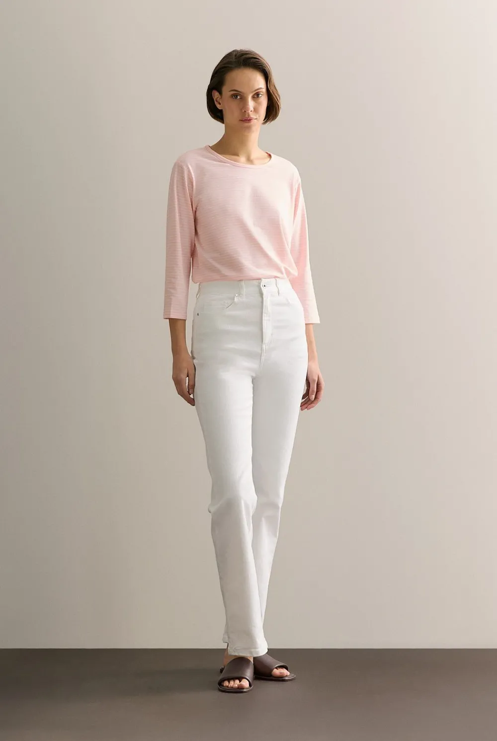 T-shirts & Tops>Trenery Organically Grown Cotton Stripe 3/4 Sleeve T-shirt PinkSalt