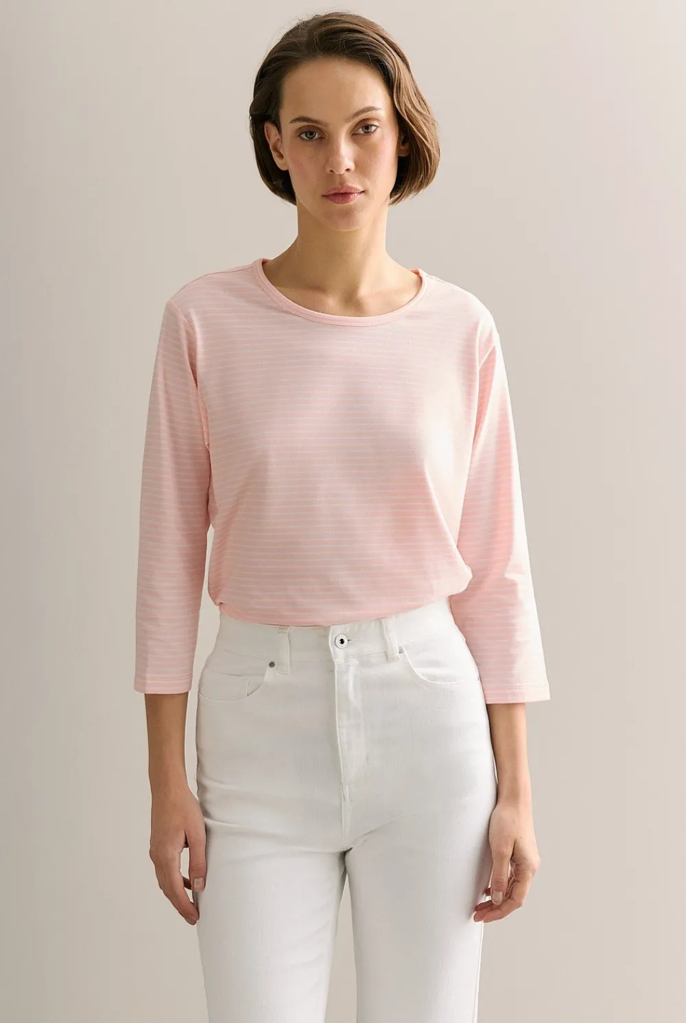 T-shirts & Tops>Trenery Organically Grown Cotton Stripe 3/4 Sleeve T-shirt PinkSalt