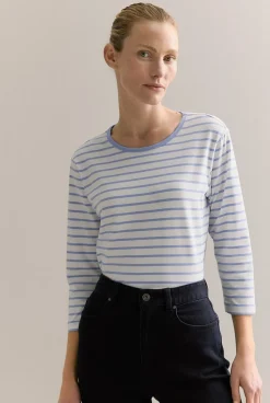 T-shirts & Tops>Trenery Organically Grown Cotton Stripe 3/4 Sleeve T-shirt CornflowerBlue