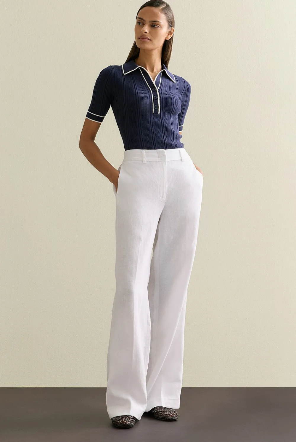 Knitwear>Trenery Organically Grown Cotton Blend Tipped Rib Polo Navy