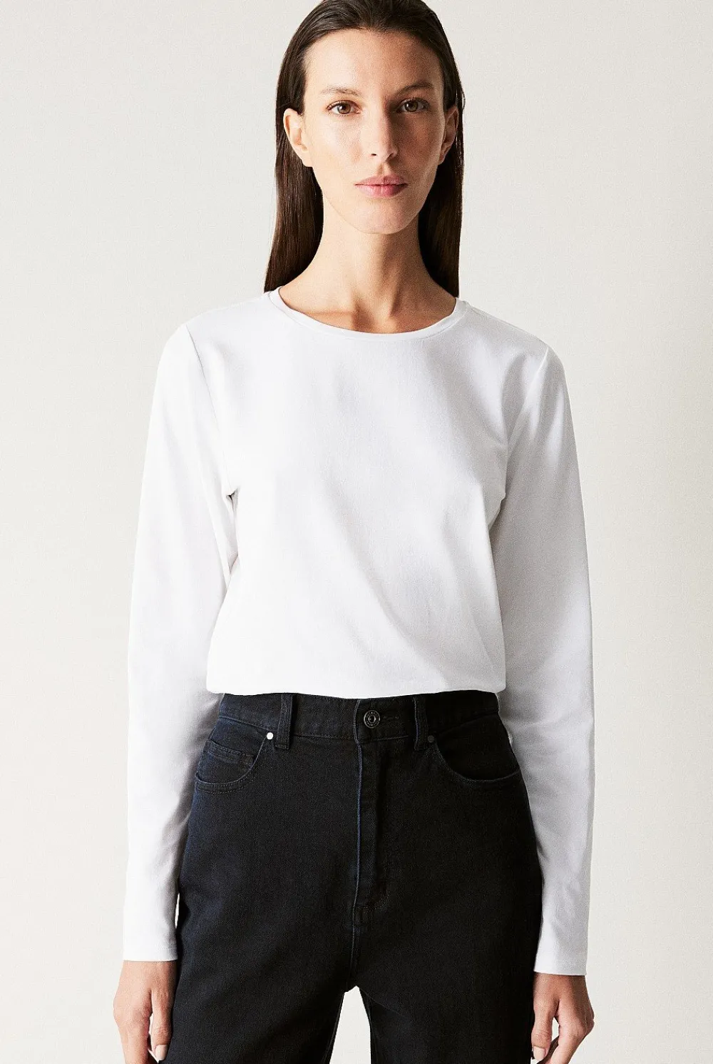T-shirts & Tops>Trenery Organically Grown Cotton Long Sleeve Crew T-Shirt White