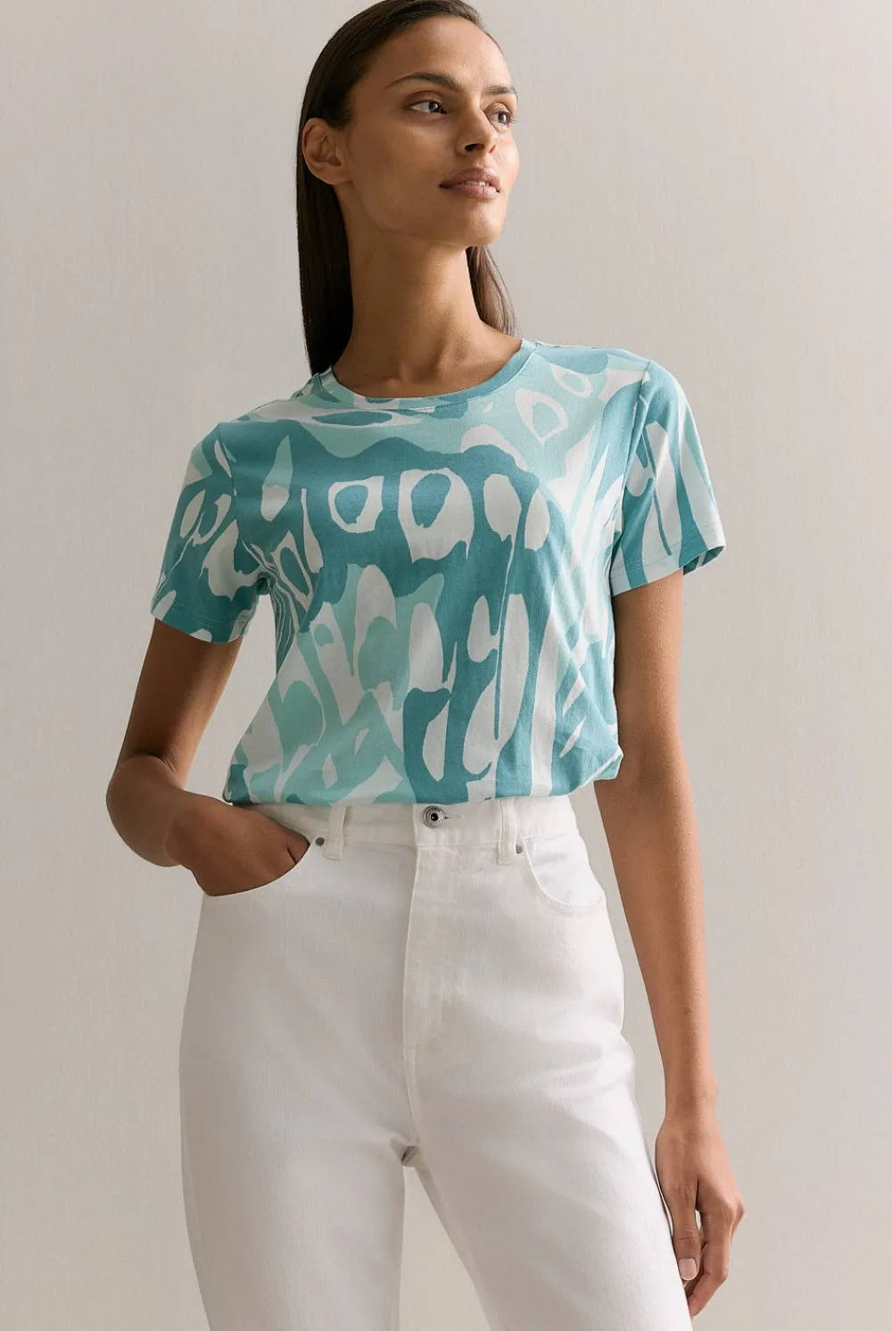 T-shirts & Tops>Trenery Pima Cotton Butterfly Print T-shirt Seafoam