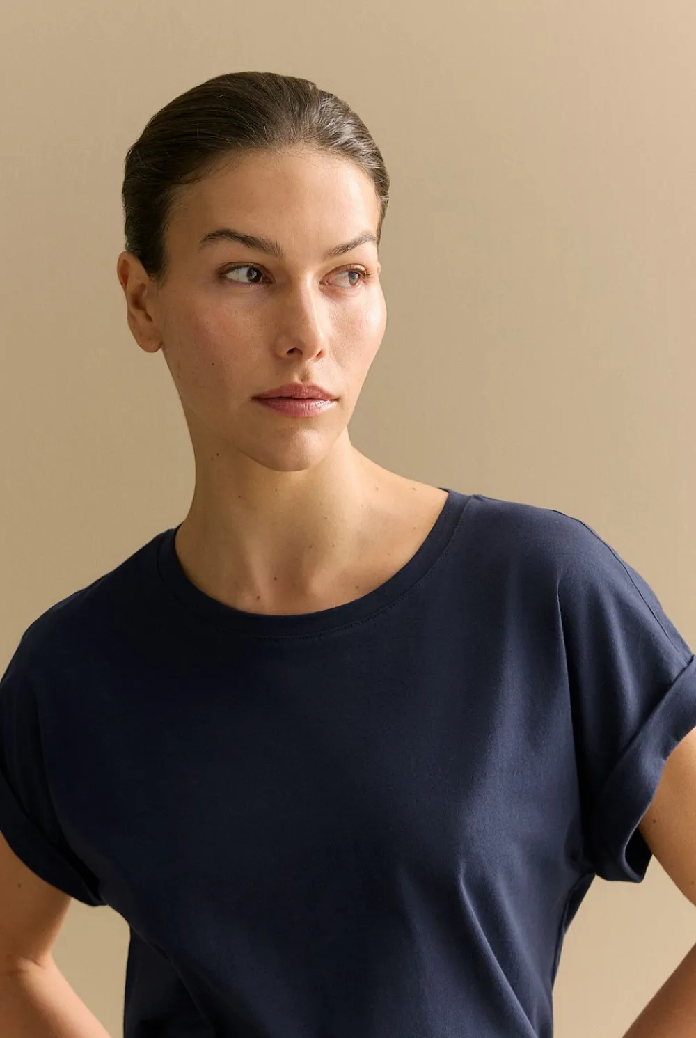 T-shirts & Tops>Trenery Pima Cotton Cuff Sleeve T-shirt NightSky