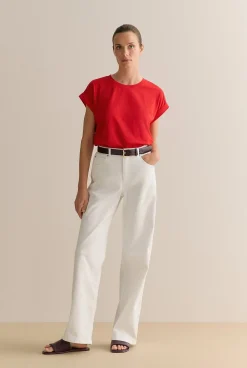 T-shirts & Tops>Trenery Pima Cotton Cuff Sleeve T-shirt TrueRed