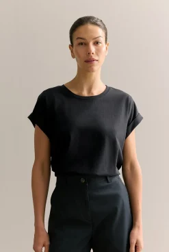 T-shirts & Tops>Trenery Pima Cotton Cuff Sleeve T-shirt Black