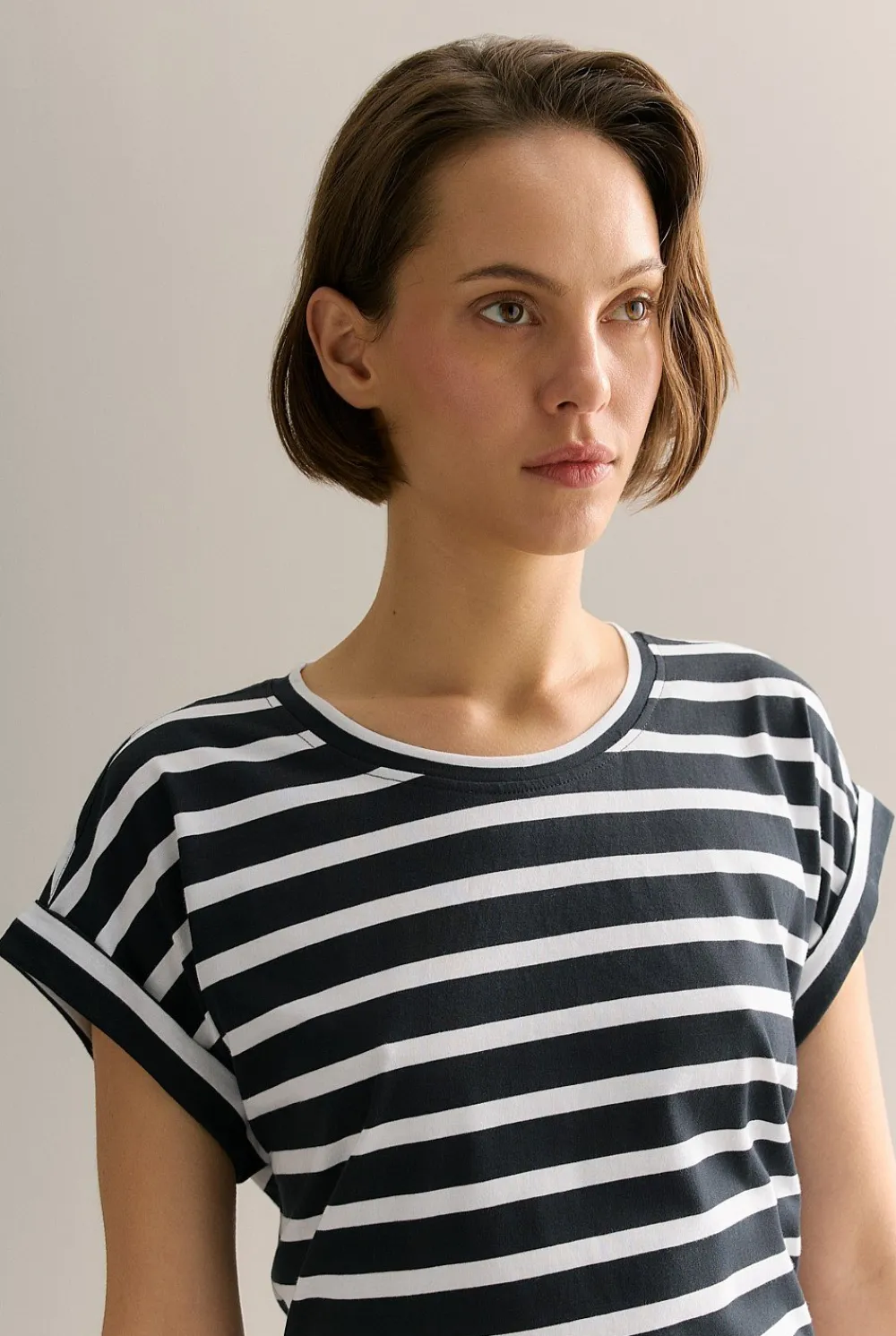 T-shirts & Tops>Trenery Pima Cotton Stripe Cuff Detail T-shirt Black