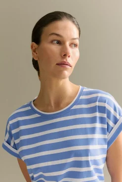 T-shirts & Tops>Trenery Pima Cotton Stripe Cuff Detail T-shirt WedgewoodBlue