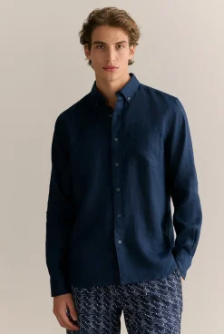 Shirts|Linen Shirts>Trenery Regular Fit Classic Linen Shirt Navy