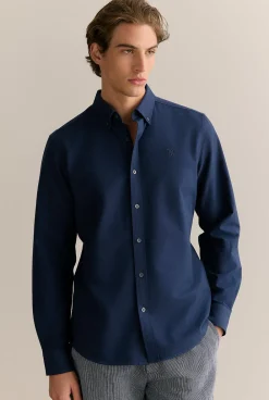 Oxford Shirts>Trenery Regular Fit Cotton Monogram Oxford Shirt Navy