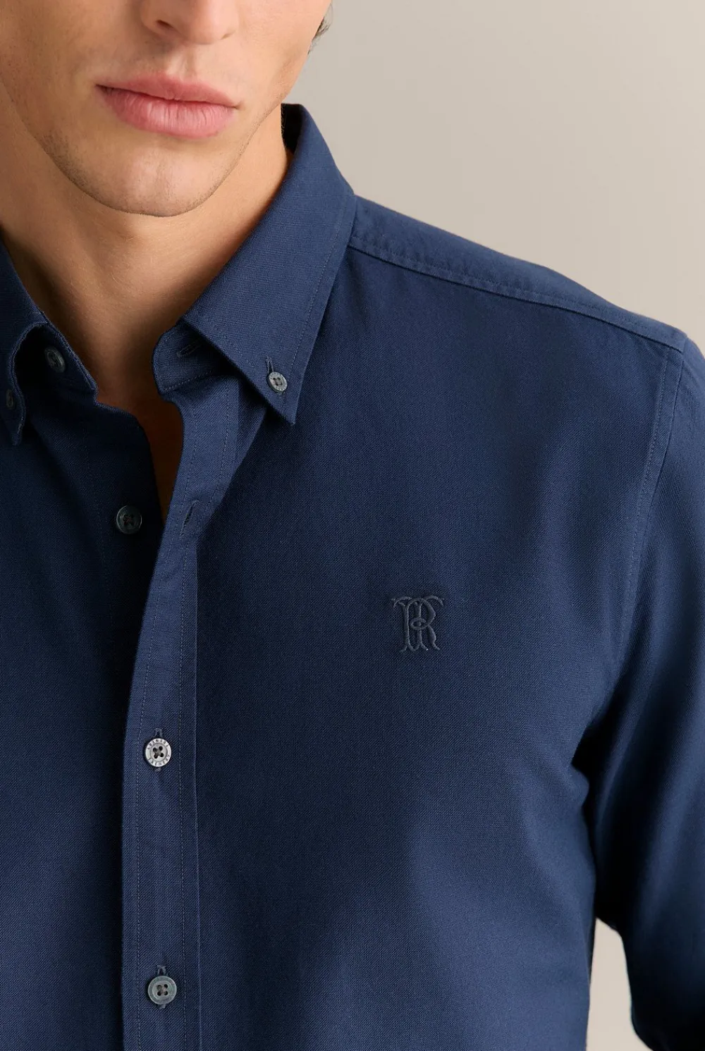 Oxford Shirts>Trenery Regular Fit Cotton Monogram Oxford Shirt Navy