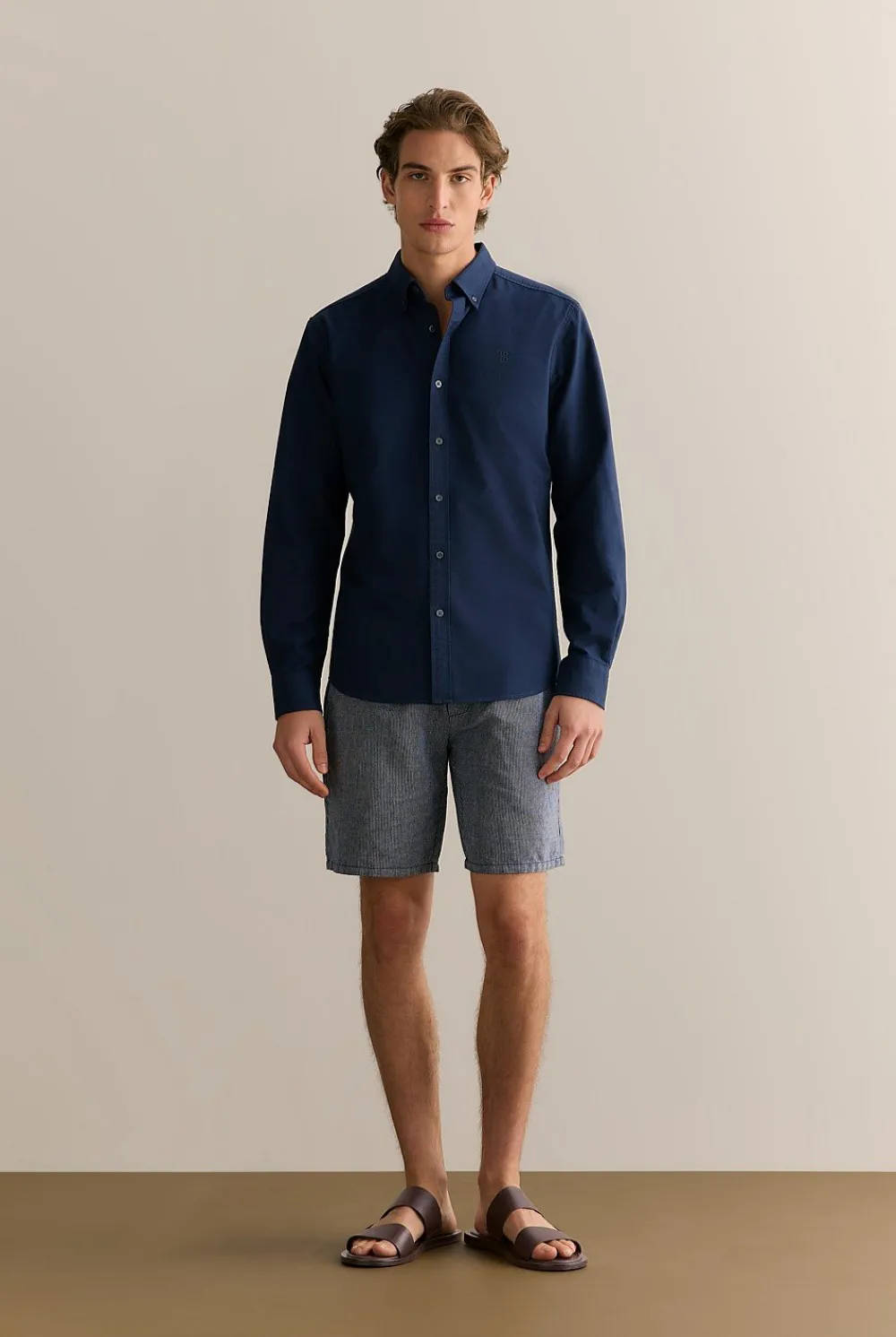 Oxford Shirts>Trenery Regular Fit Cotton Monogram Oxford Shirt Navy