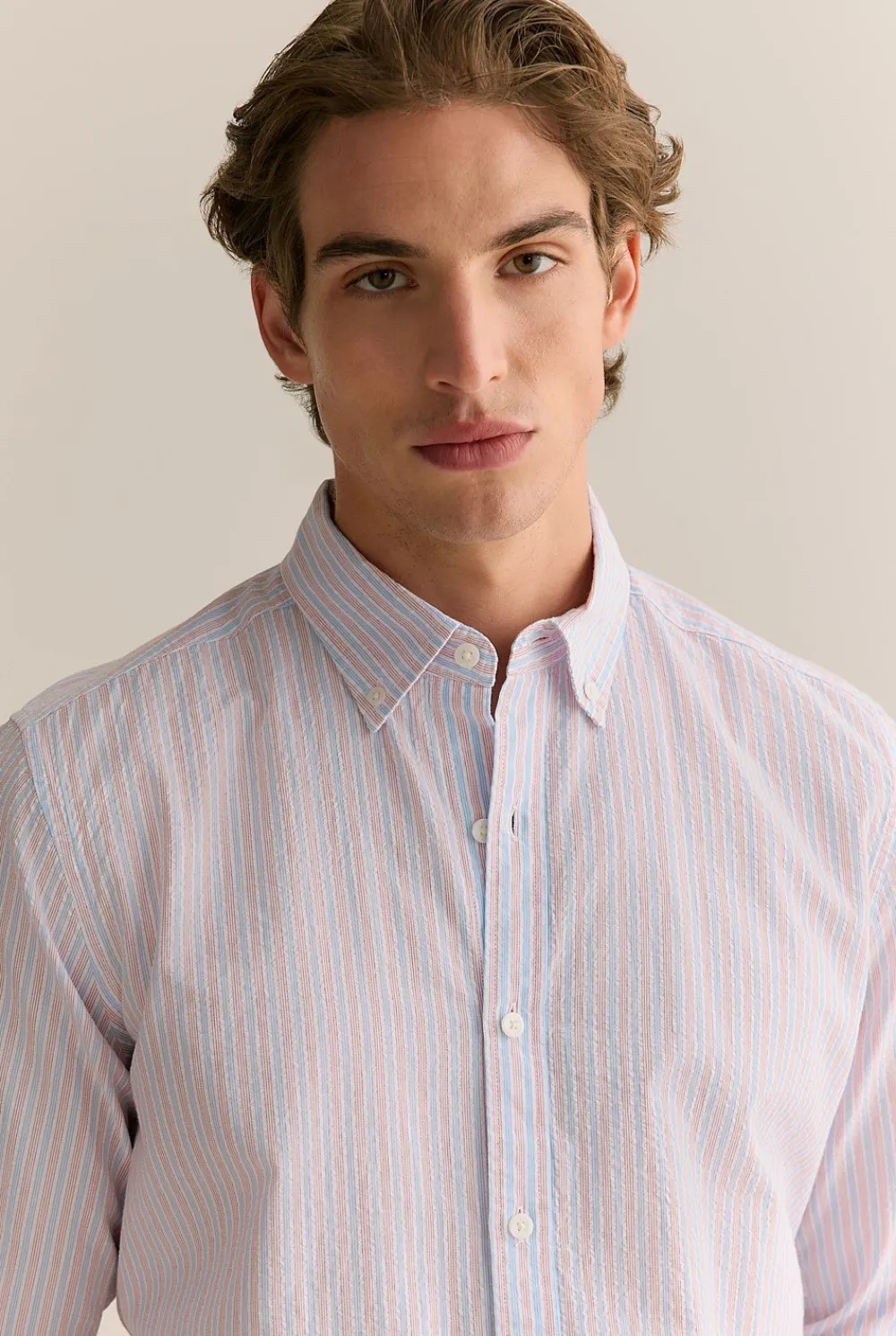 Shirts>Trenery Regular Fit Cotton Seersucker Stripe Shirt WedgewoodBlue