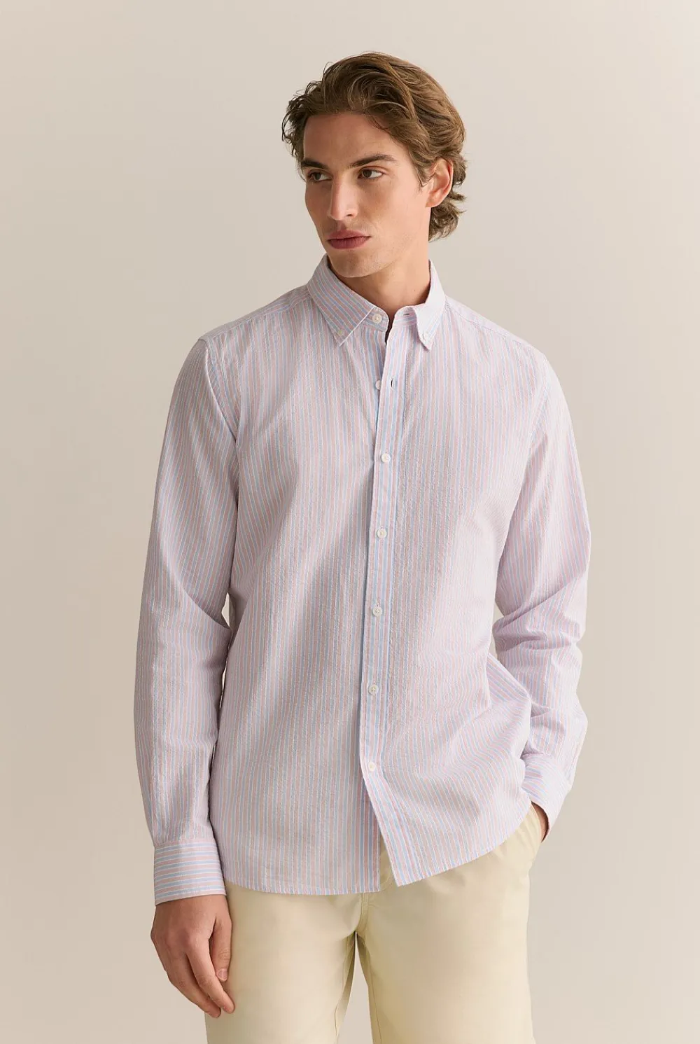 Shirts>Trenery Regular Fit Cotton Seersucker Stripe Shirt WedgewoodBlue