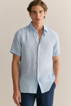 Shirts|The Linen Edit>Trenery Regular Fit Delave Linen Short Sleeve Shirt FreshBlue