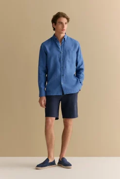 Shirts|Linen Shirts>Trenery Regular Fit Delave Linen Long Sleeve Shirt MineralBlue