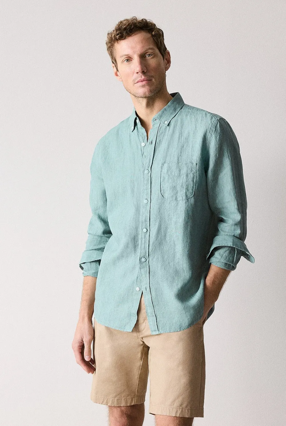Shirts|Linen Shirts>Trenery Regular Fit Delave Linen Long Sleeve Shirt Jade