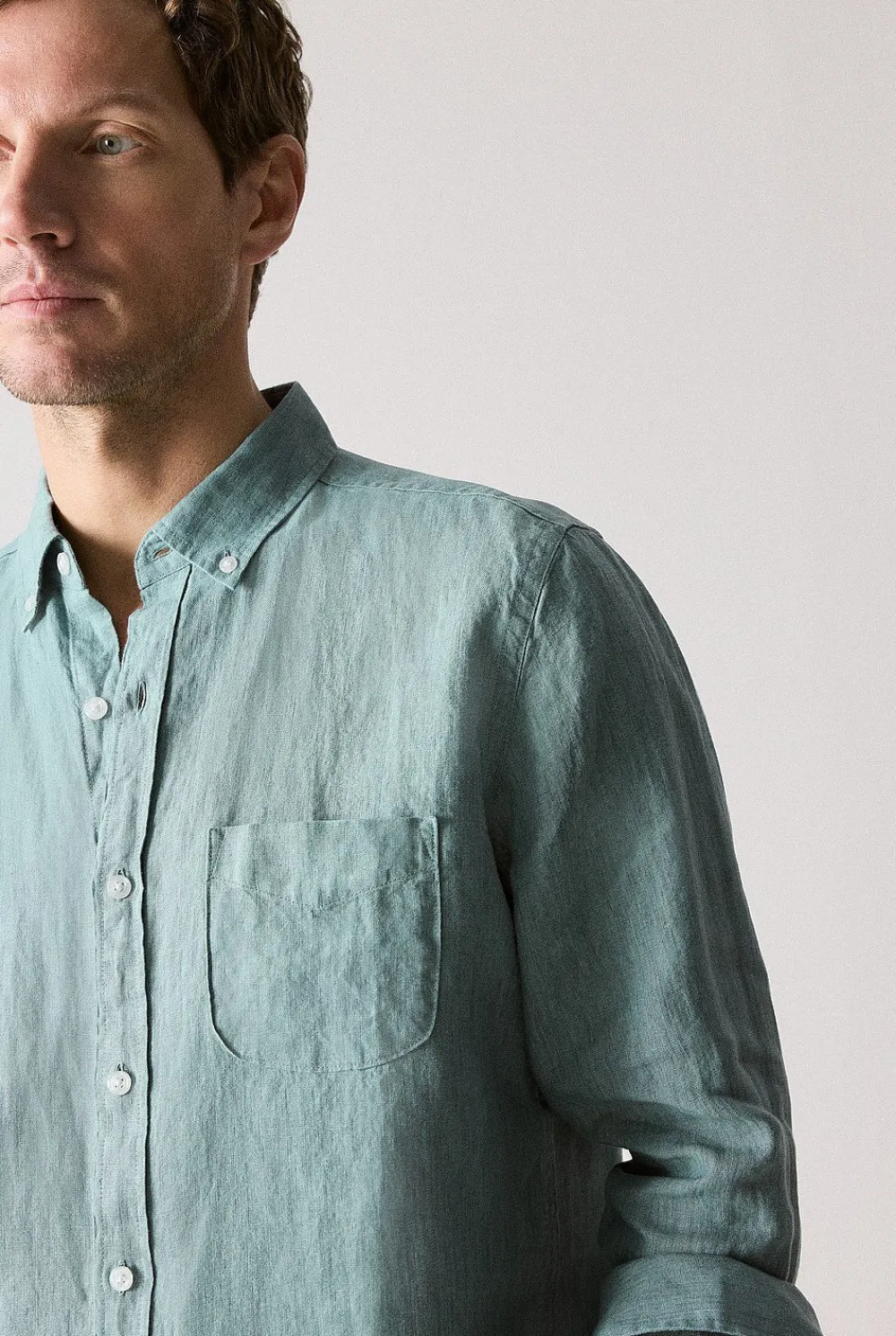 Shirts|Linen Shirts>Trenery Regular Fit Delave Linen Long Sleeve Shirt Jade