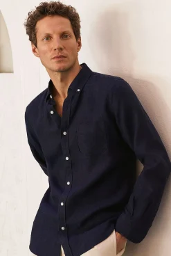 Shirts|Linen Shirts>Trenery Regular Fit Delave Linen Long Sleeve Shirt FrenchNavy