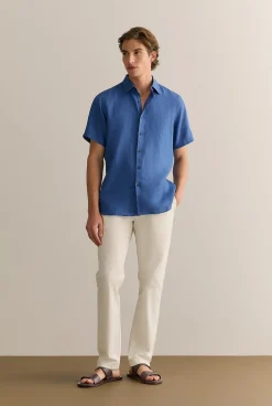 Shirts|The Linen Edit>Trenery Regular Fit Delave Linen Short Sleeve Shirt MineralBlue