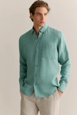 Linen Shirts|The Linen Edit>Trenery Regular Fit Delave Linen Long Sleeve Shirt MineralGreen