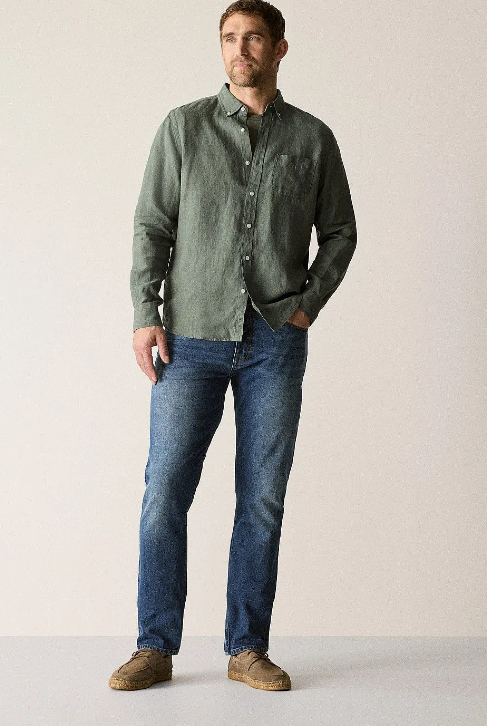 Shirts|Linen Shirts>Trenery Regular Fit Delave Linen Long Sleeve Shirt DarkGreen