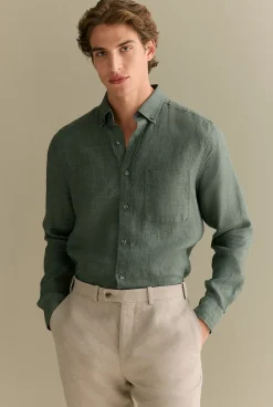 Shirts|Linen Shirts>Trenery Regular Fit Delave Linen Long Sleeve Shirt Evergreen
