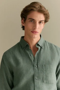 Shirts|Linen Shirts>Trenery Regular Fit Delave Linen Long Sleeve Shirt Evergreen
