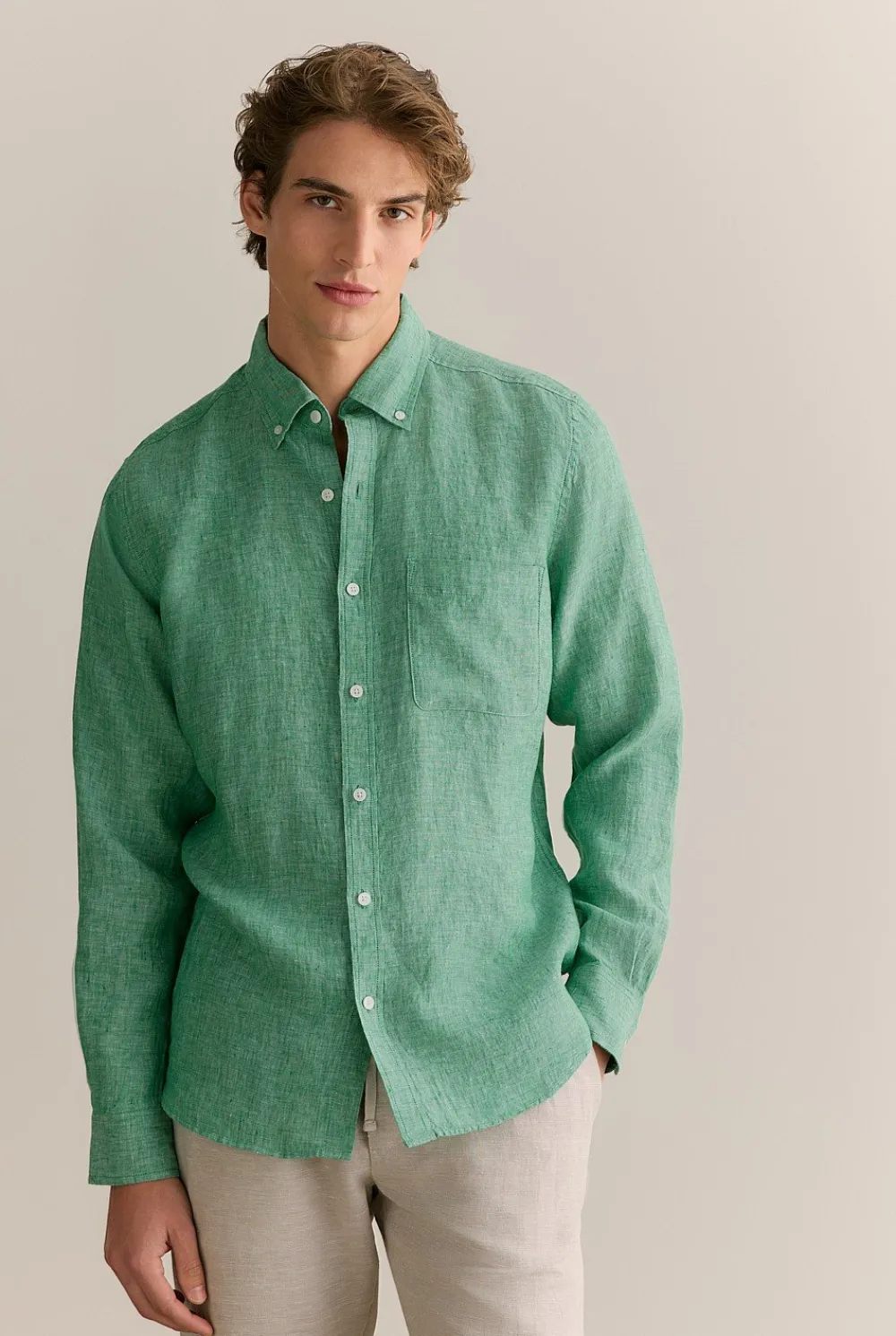Linen Shirts|The Linen Edit>Trenery Regular Fit Delave Linen End on End Shirt BilliardGreen