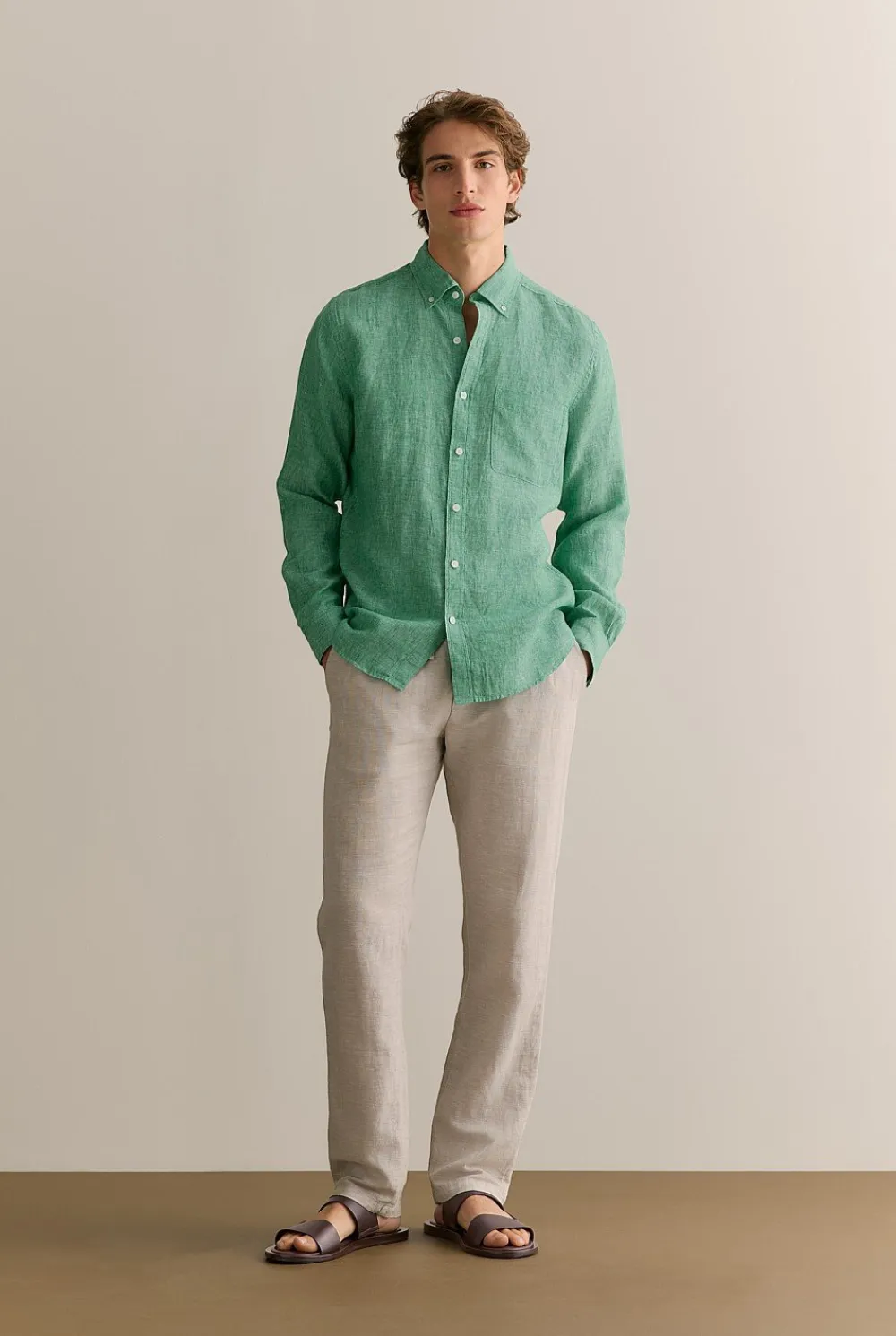 Linen Shirts|The Linen Edit>Trenery Regular Fit Delave Linen End on End Shirt BilliardGreen