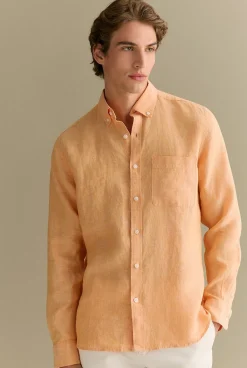 Shirts|Linen Shirts>Trenery Regular Fit Delave Linen End on End Shirt VividOrange
