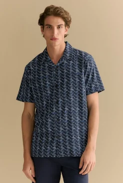 Shirts>Trenery Regular Fit Etched Geo Short Sleeve Shirt Navy