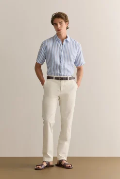 Shirts|The Linen Edit>Trenery Regular Fit Linen Bengal Stripe Short Sleeve Shirt WedgewoodBlue